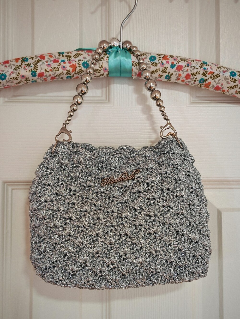 Handcrafted Silver Crochet Shoulder Bag with Beaded Chain